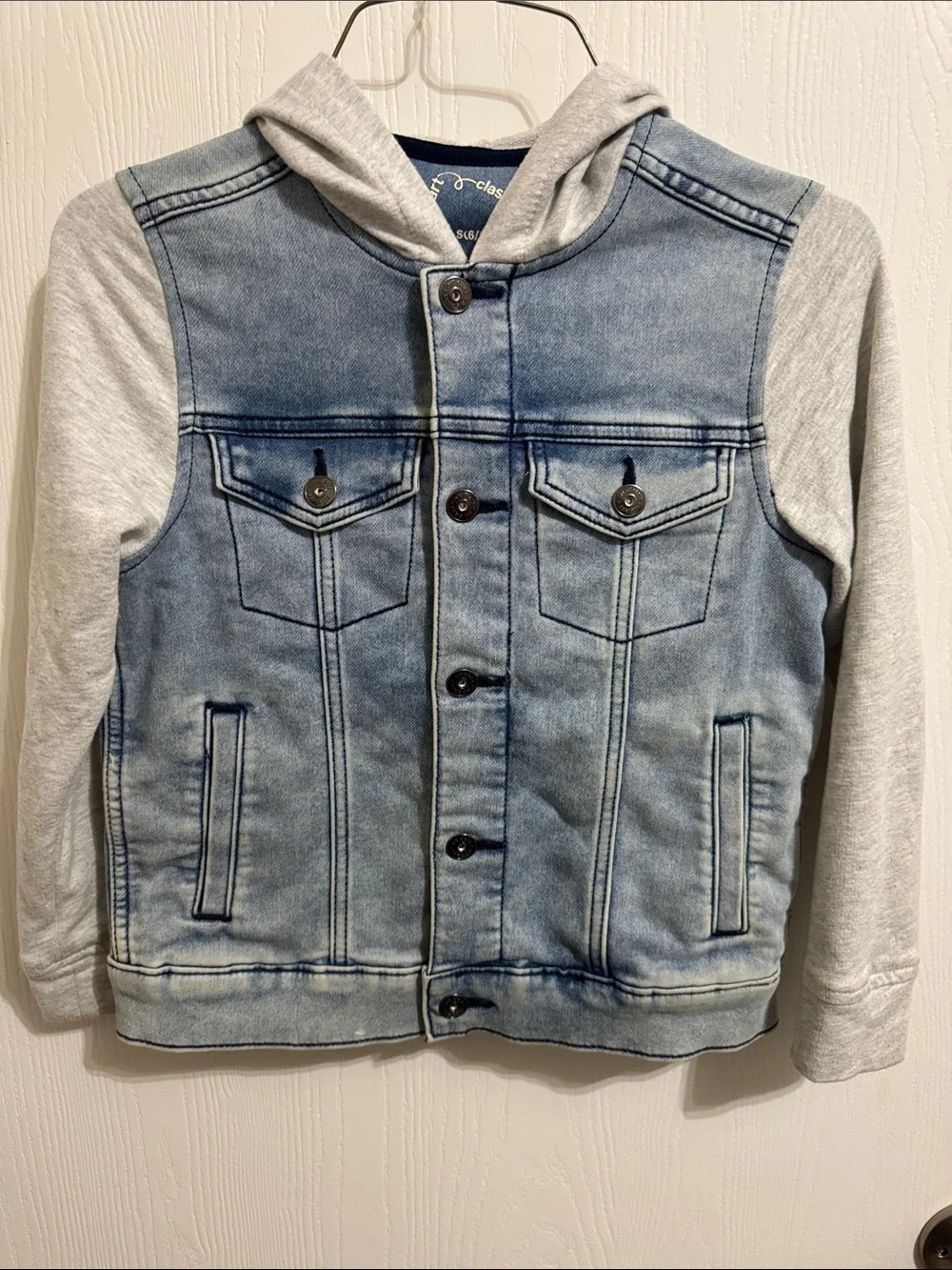 Children’s Denim Art Class Denim Jacket Fleece Sleeves Hood Button Up Small 6-7